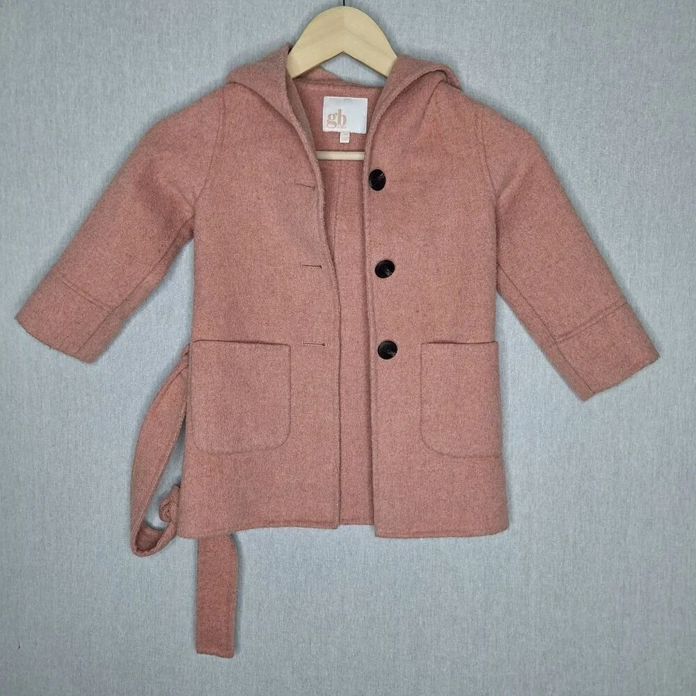 💙 GB Girls Wool Blend Belted Hood Coat Size 2/3 Cottage Coquette Preppy Outdoor